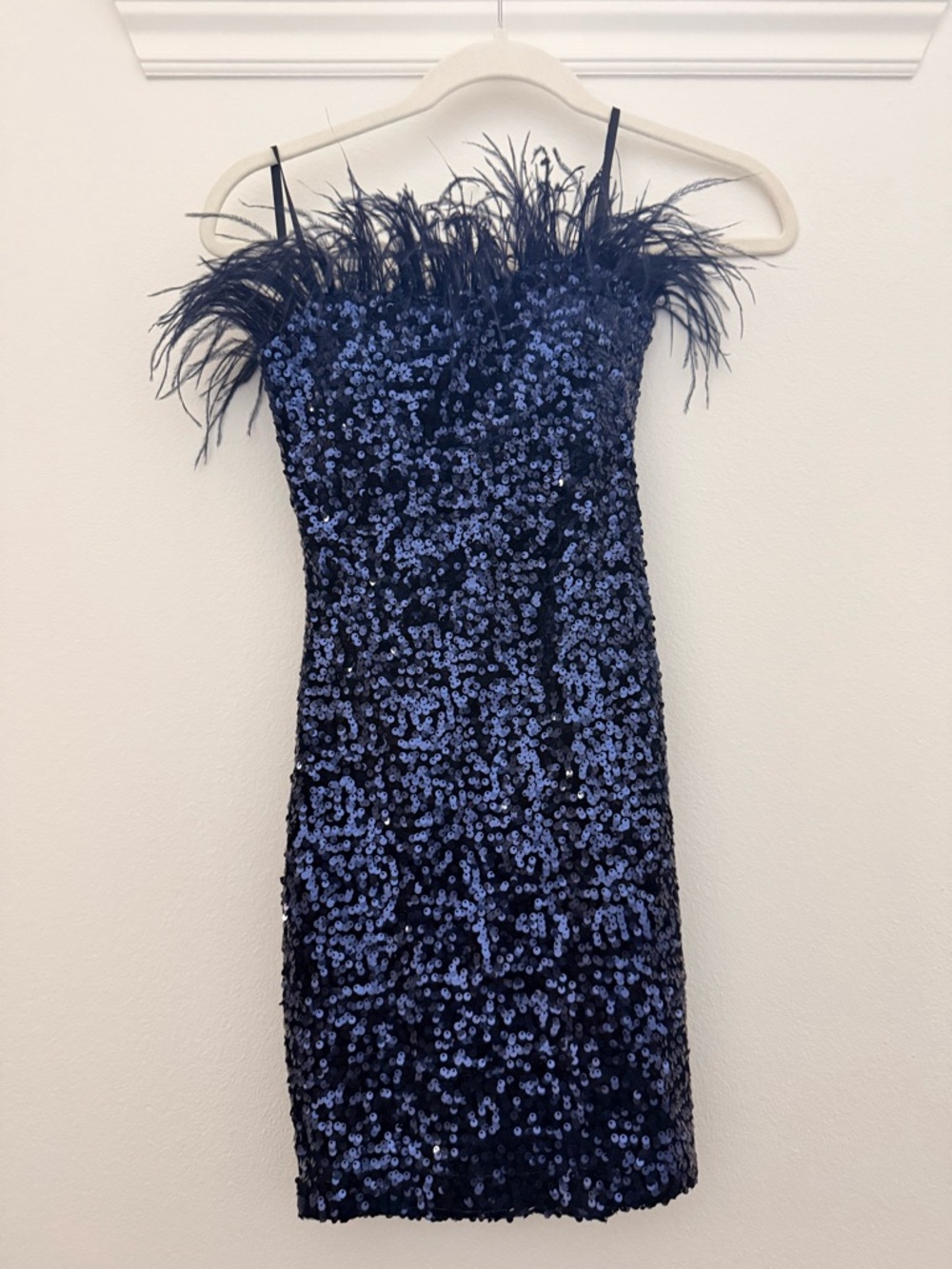 Navy Sequin Feather Trim Slip Dress